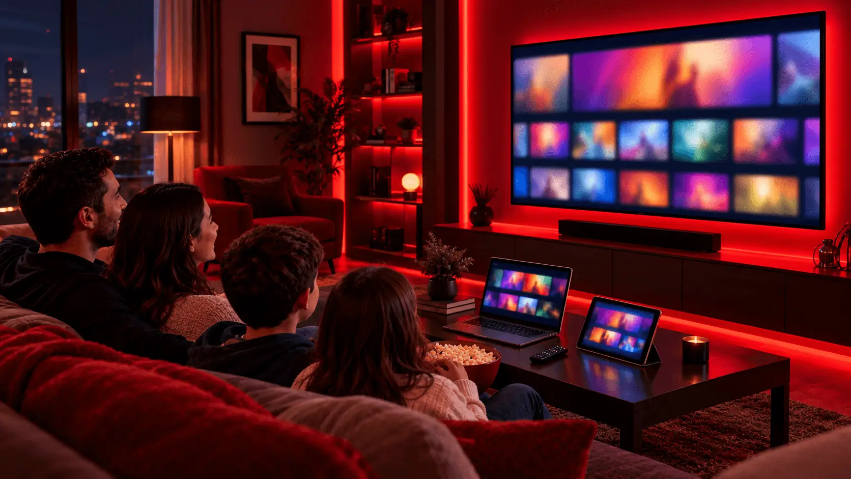 Family starting an IPTV free trial on a smart TV at home