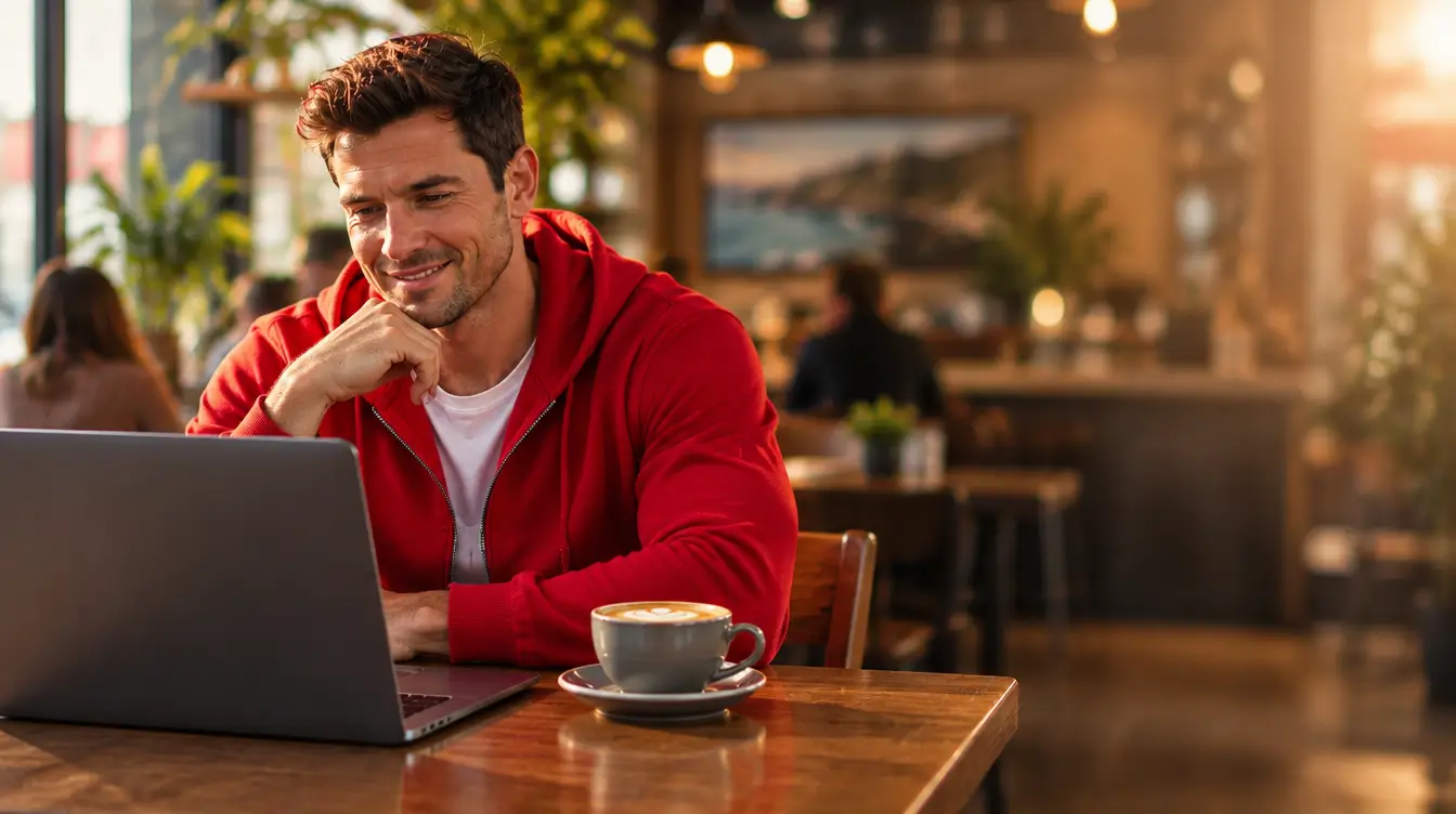 Streaming movies on a laptop with Deluxe Streams IPTV in a New Zealand cafe